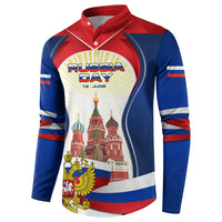 Russia Day Button Sweatshirt with Kremlin Illustration, National Emblem, and Flag Stripes
