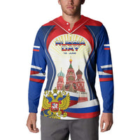 Russia Day Button Sweatshirt with Kremlin Illustration, National Emblem, and Flag Stripes