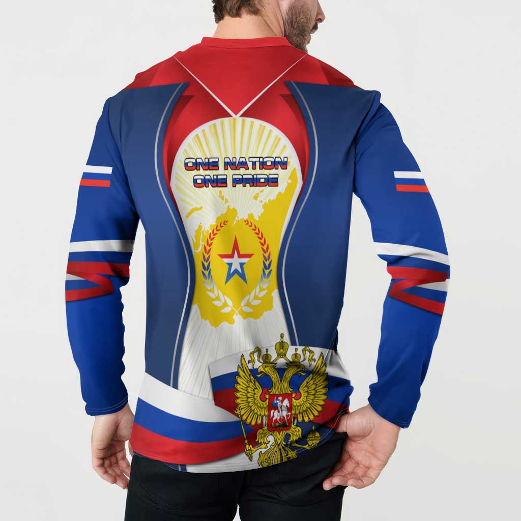 Russia Day Button Sweatshirt with Kremlin Illustration, National Emblem, and Flag Stripes