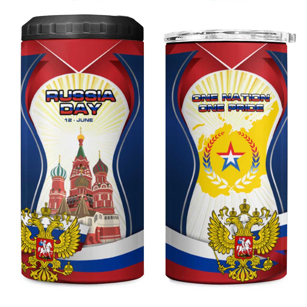 Russia Day 4 in 1 Can Cooler Tumbler with Kremlin Illustration, National Emblem, and Flag Stripes