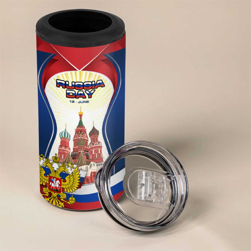 Russia Day 4 in 1 Can Cooler Tumbler with Kremlin Illustration, National Emblem, and Flag Stripes