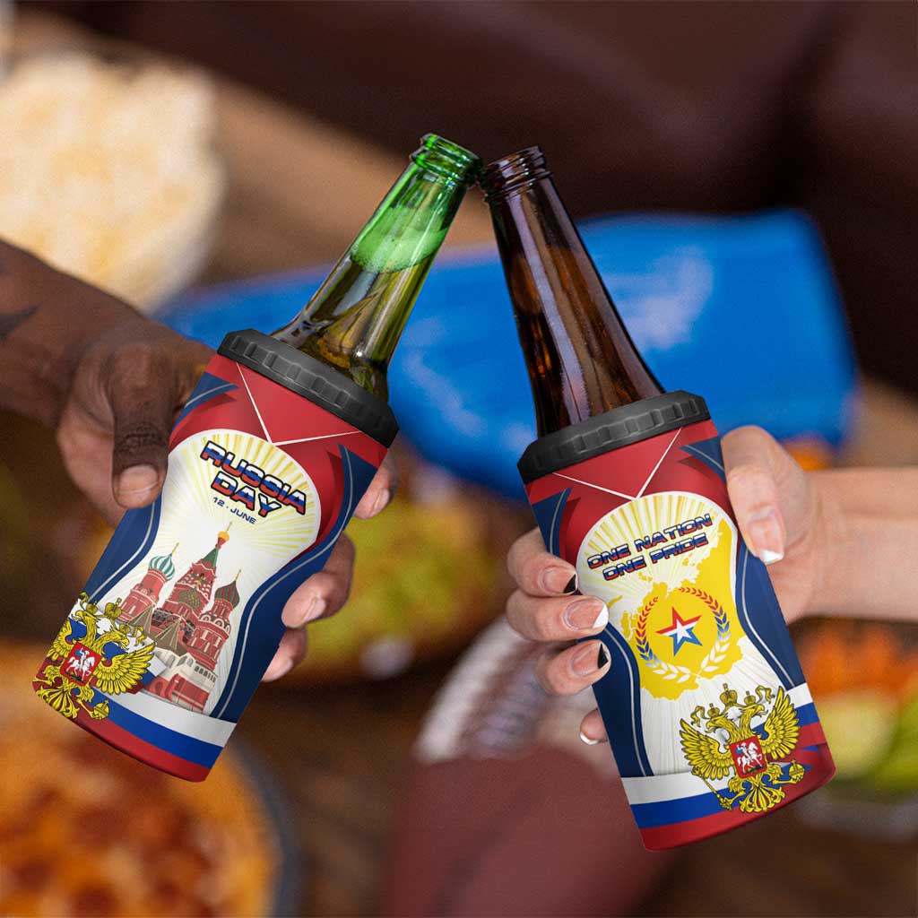 Russia Day 4 in 1 Can Cooler Tumbler with Kremlin Illustration, National Emblem, and Flag Stripes