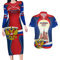 Russia Day Couples Matching Long Sleeve Bodycon Dress and Hawaiian Shirt with Kremlin Illustration, National Emblem, and Flag Stripes