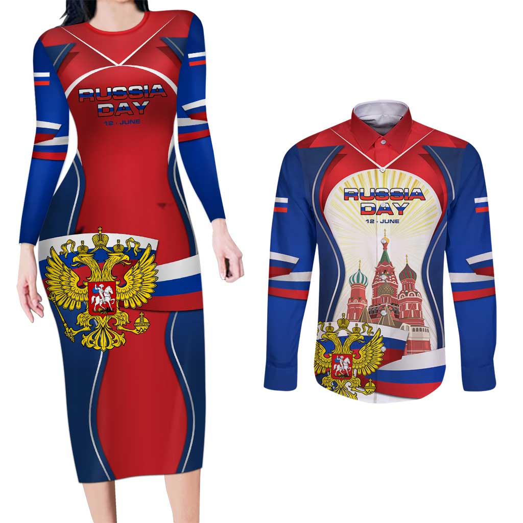Russia Day Couples Matching Long Sleeve Bodycon Dress and Long Sleeve Button Shirt with Kremlin Illustration, National Emblem, and Flag Stripes