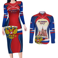 Russia Day Couples Matching Long Sleeve Bodycon Dress and Long Sleeve Button Shirt with Kremlin Illustration, National Emblem, and Flag Stripes