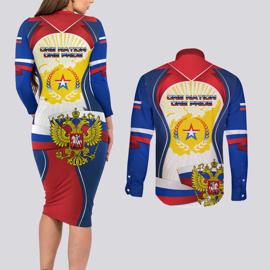 Russia Day Couples Matching Long Sleeve Bodycon Dress and Long Sleeve Button Shirt with Kremlin Illustration, National Emblem, and Flag Stripes