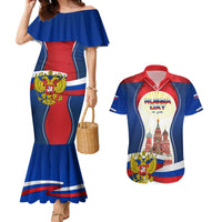 Russia Day Couples Matching Mermaid Dress and Hawaiian Shirt with Kremlin Illustration, National Emblem, and Flag Stripes