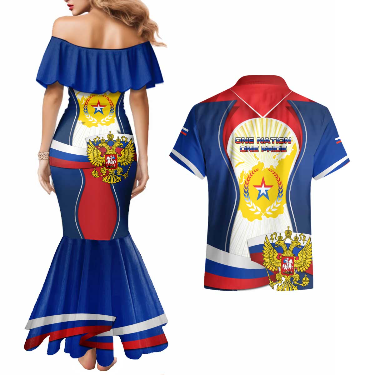 Russia Day Couples Matching Mermaid Dress and Hawaiian Shirt with Kremlin Illustration, National Emblem, and Flag Stripes
