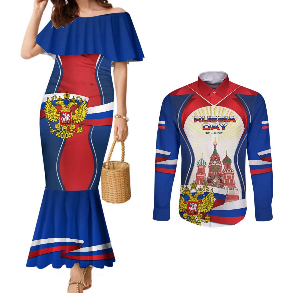 Russia Day Couples Matching Mermaid Dress and Long Sleeve Button Shirt with Kremlin Illustration, National Emblem, and Flag Stripes