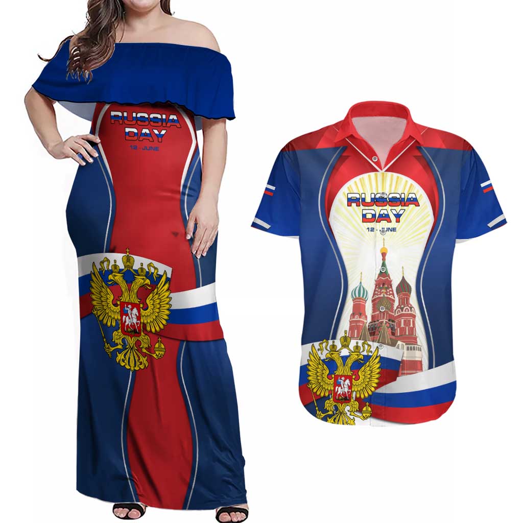 Russia Day Couples Matching Off Shoulder Maxi Dress and Hawaiian Shirt with Kremlin Illustration, National Emblem, and Flag Stripes