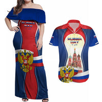 Russia Day Couples Matching Off Shoulder Maxi Dress and Hawaiian Shirt with Kremlin Illustration, National Emblem, and Flag Stripes