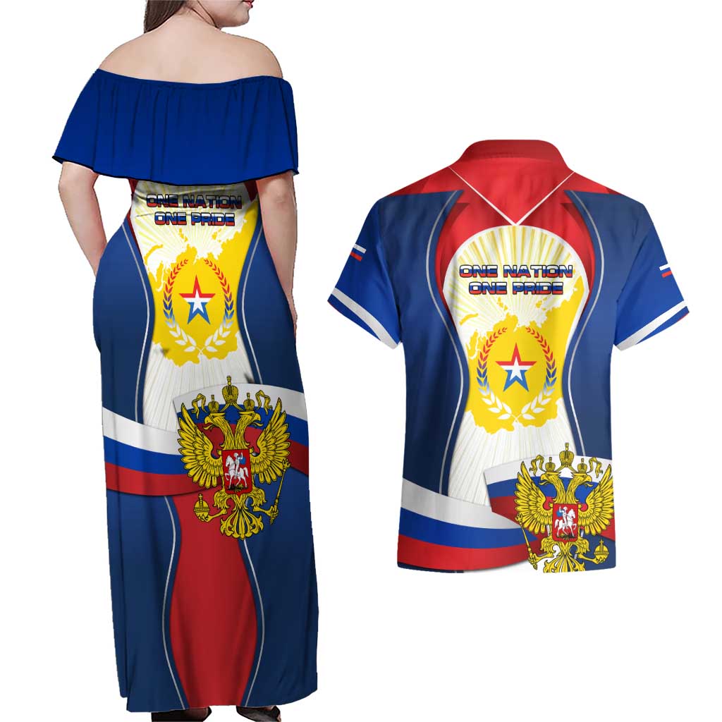 Russia Day Couples Matching Off Shoulder Maxi Dress and Hawaiian Shirt with Kremlin Illustration, National Emblem, and Flag Stripes