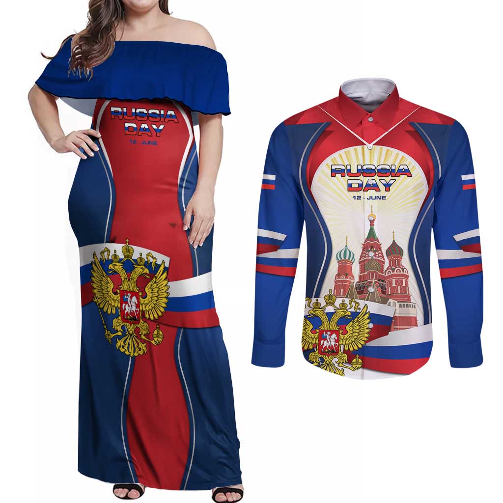 Russia Day Couples Matching Off Shoulder Maxi Dress and Long Sleeve Button Shirt with Kremlin Illustration, National Emblem, and Flag Stripes