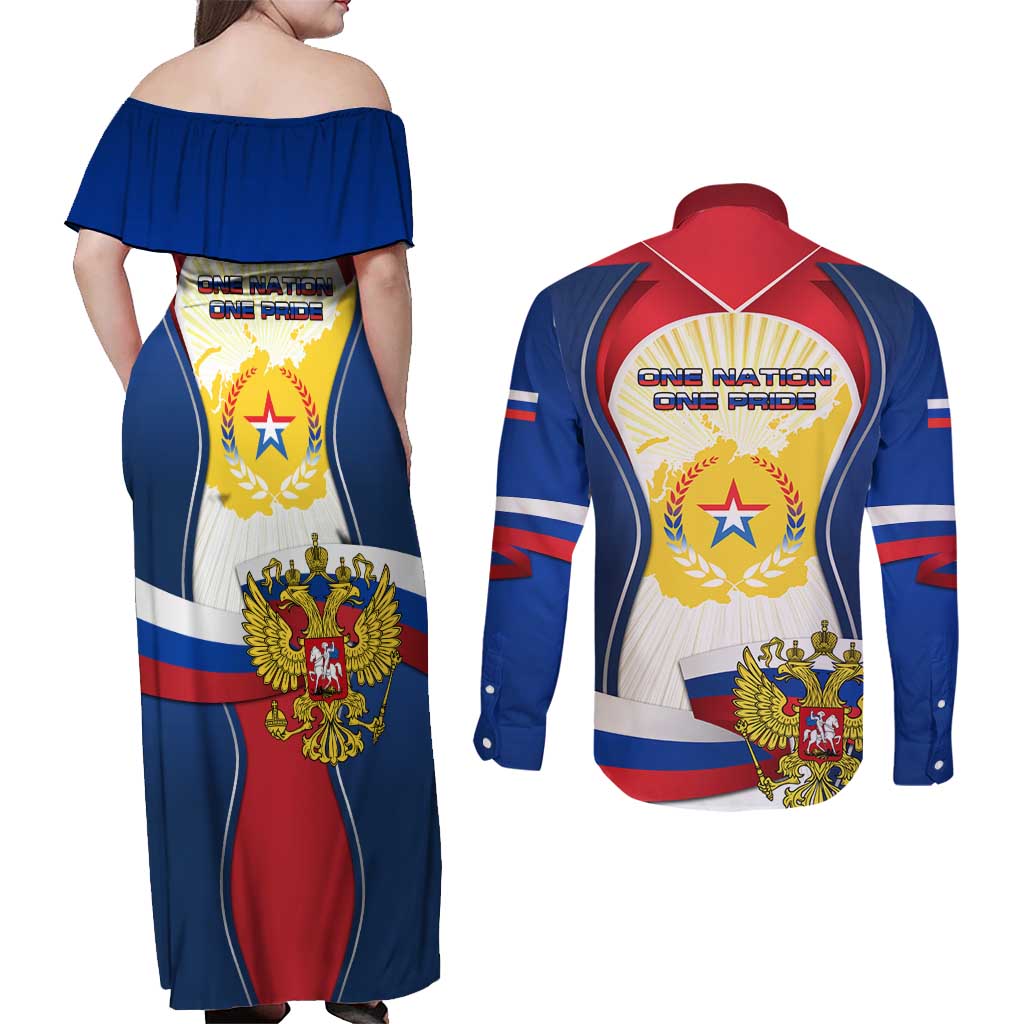 Russia Day Couples Matching Off Shoulder Maxi Dress and Long Sleeve Button Shirt with Kremlin Illustration, National Emblem, and Flag Stripes