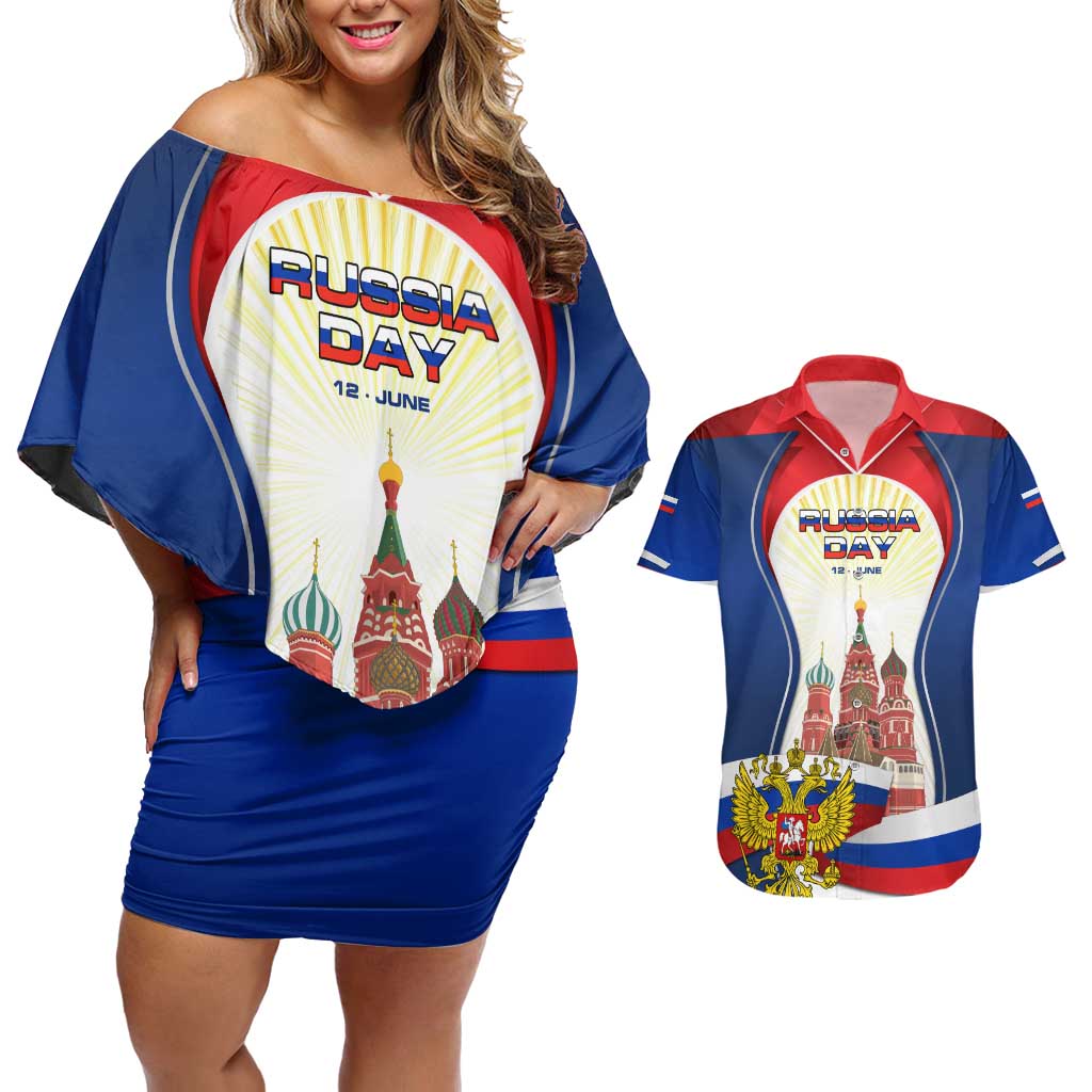 Russia Day Couples Matching Off Shoulder Short Dress and Hawaiian Shirt with Kremlin Illustration, National Emblem, and Flag Stripes