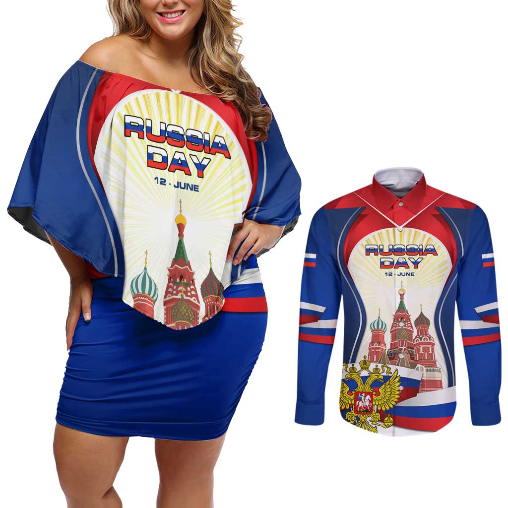 Russia Day Couples Matching Off Shoulder Short Dress and Long Sleeve Button Shirt with Kremlin Illustration, National Emblem, and Flag Stripes