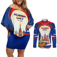 Russia Day Couples Matching Off Shoulder Short Dress and Long Sleeve Button Shirt with Kremlin Illustration, National Emblem, and Flag Stripes