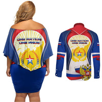 Russia Day Couples Matching Off Shoulder Short Dress and Long Sleeve Button Shirt with Kremlin Illustration, National Emblem, and Flag Stripes