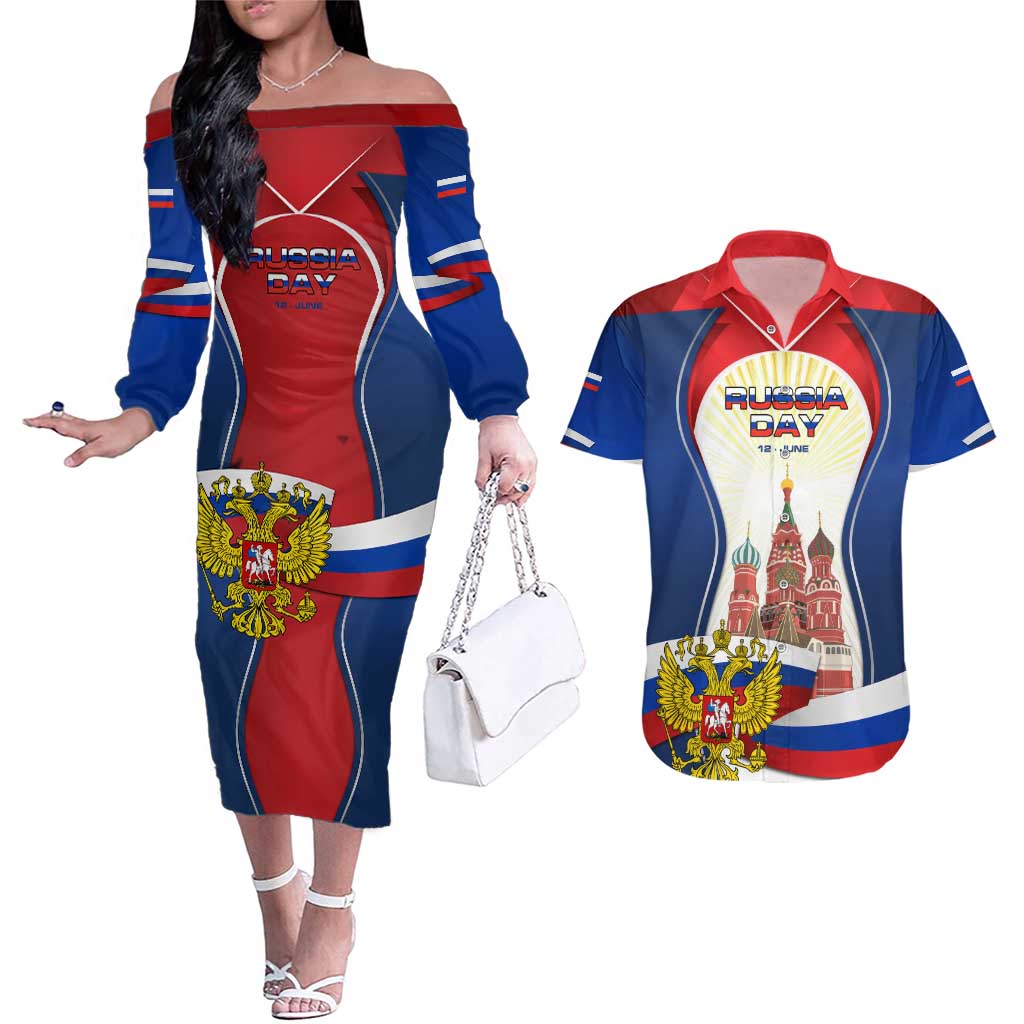 Russia Day Couples Matching Off The Shoulder Long Sleeve Dress and Hawaiian Shirt with Kremlin Illustration, National Emblem, and Flag Stripes