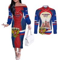 Russia Day Couples Matching Off The Shoulder Long Sleeve Dress and Long Sleeve Button Shirt with Kremlin Illustration, National Emblem, and Flag Stripes