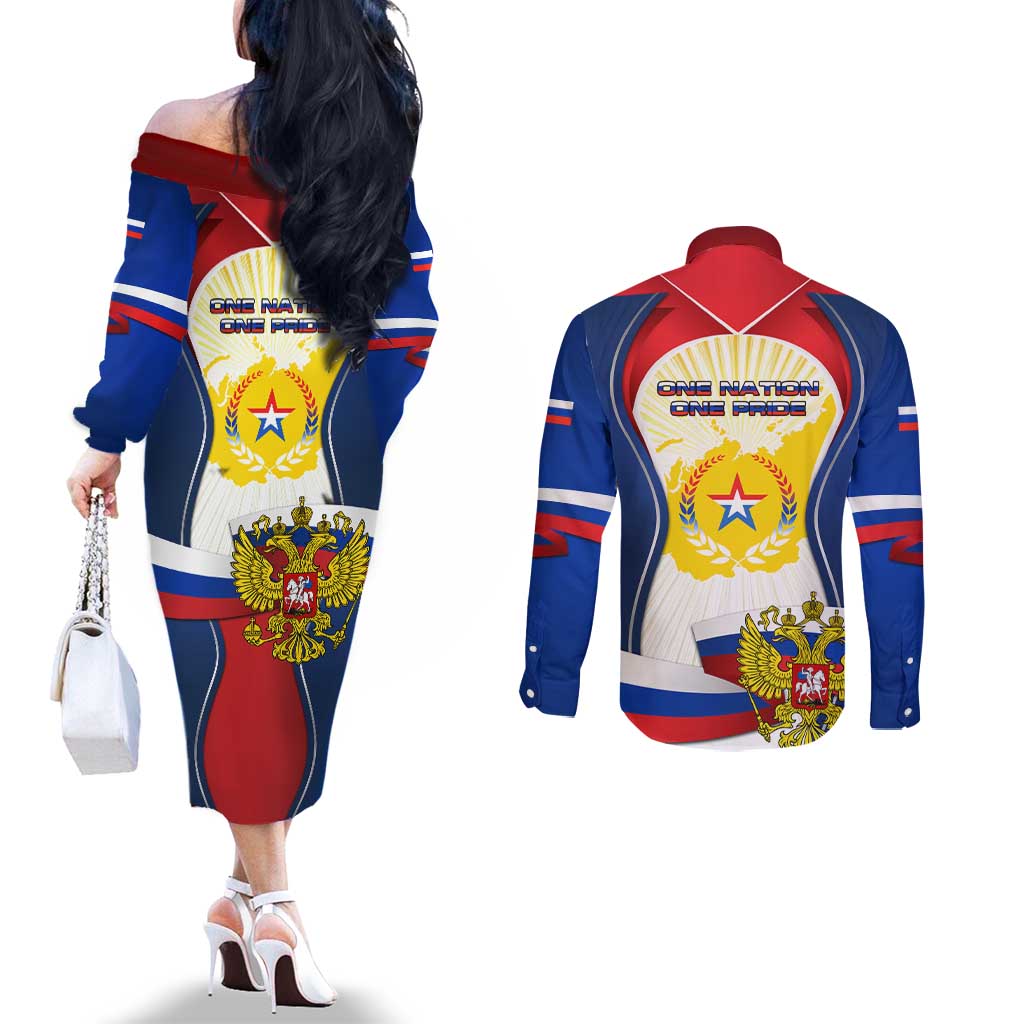 Russia Day Couples Matching Off The Shoulder Long Sleeve Dress and Long Sleeve Button Shirt with Kremlin Illustration, National Emblem, and Flag Stripes