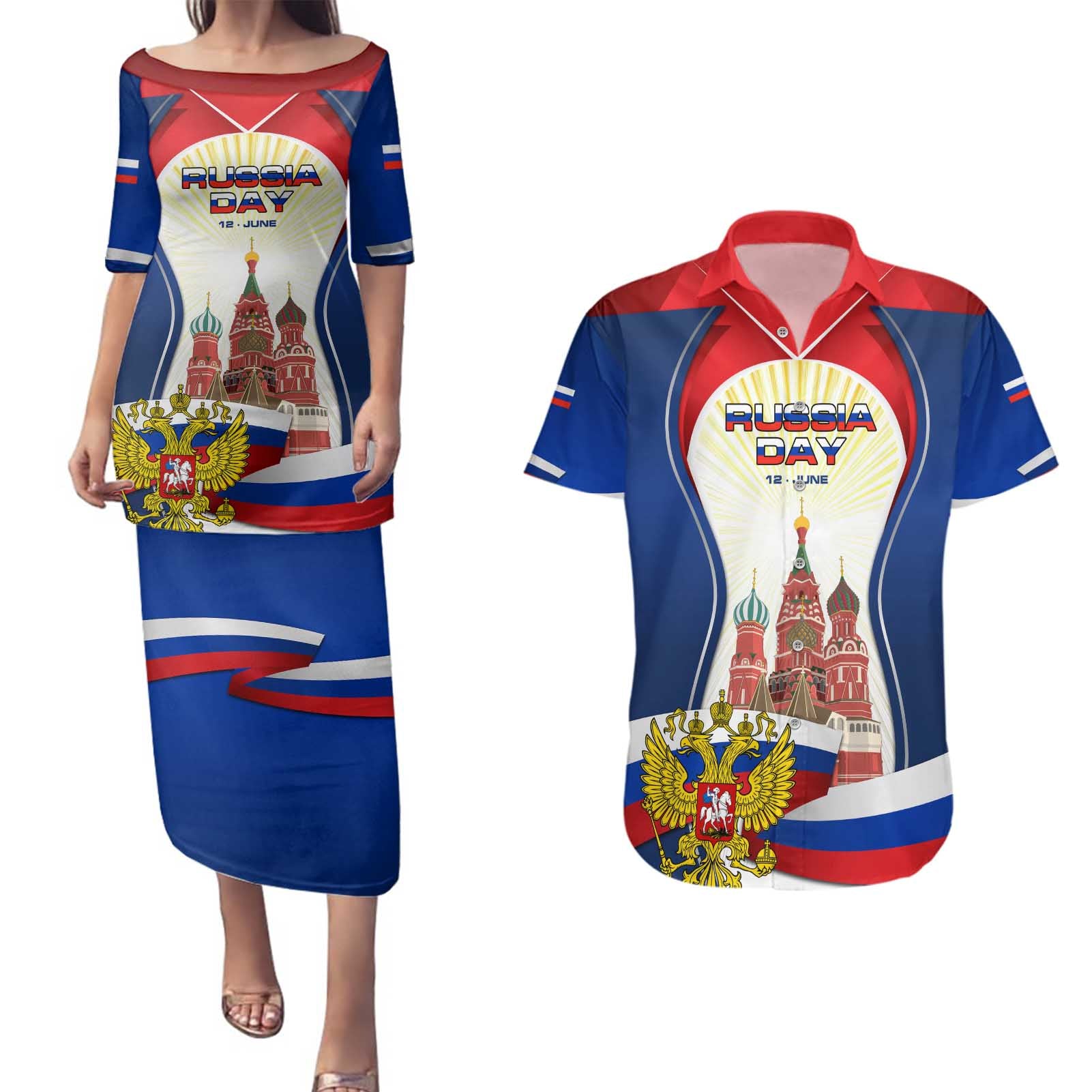 Russia Day Couples Matching Puletasi and Hawaiian Shirt with Kremlin Illustration, National Emblem, and Flag Stripes