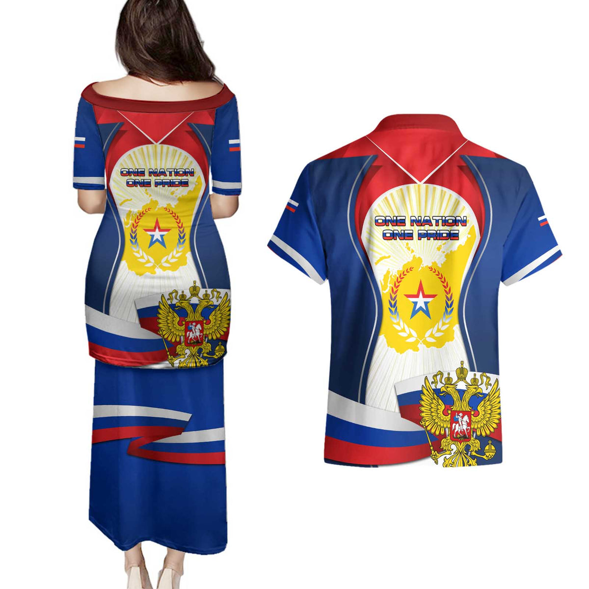 Russia Day Couples Matching Puletasi and Hawaiian Shirt with Kremlin Illustration, National Emblem, and Flag Stripes