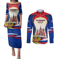 Russia Day Couples Matching Puletasi and Long Sleeve Button Shirt with Kremlin Illustration, National Emblem, and Flag Stripes