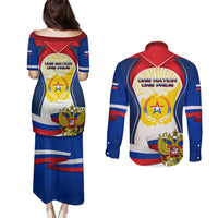 Russia Day Couples Matching Puletasi and Long Sleeve Button Shirt with Kremlin Illustration, National Emblem, and Flag Stripes