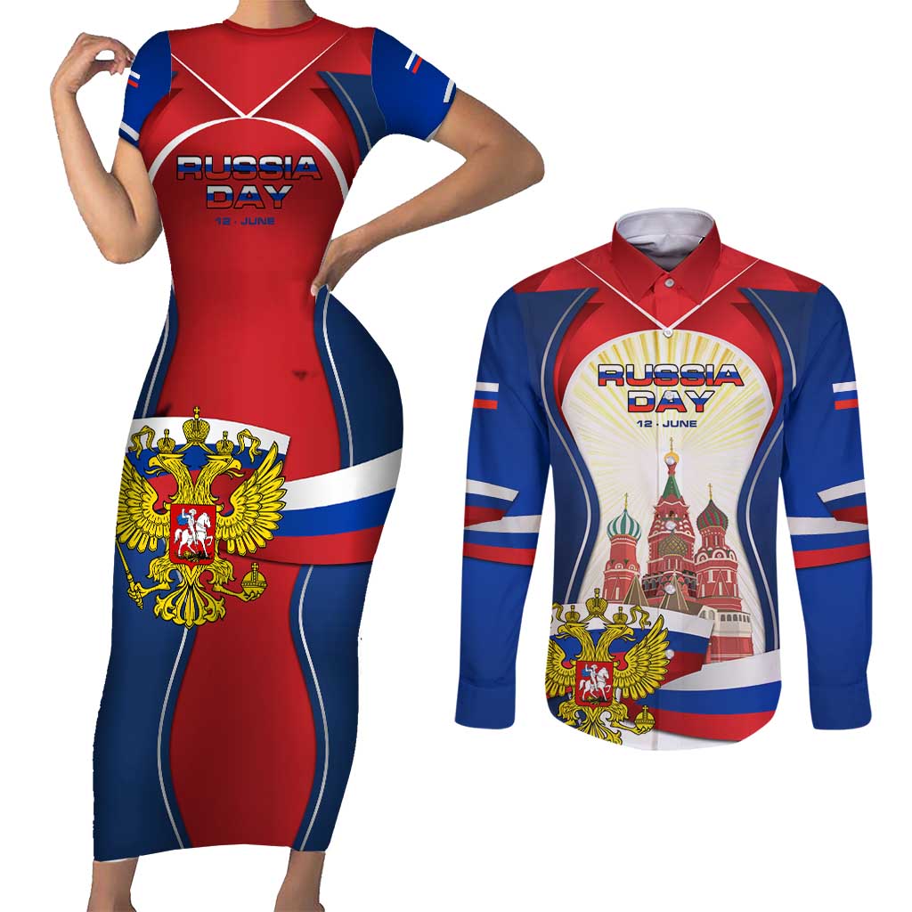 Russia Day Couples Matching Short Sleeve Bodycon Dress and Long Sleeve Button Shirt with Kremlin Illustration, National Emblem, and Flag Stripes