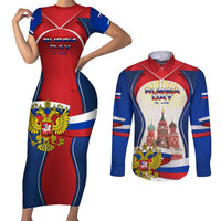 Russia Day Couples Matching Short Sleeve Bodycon Dress and Long Sleeve Button Shirt with Kremlin Illustration, National Emblem, and Flag Stripes