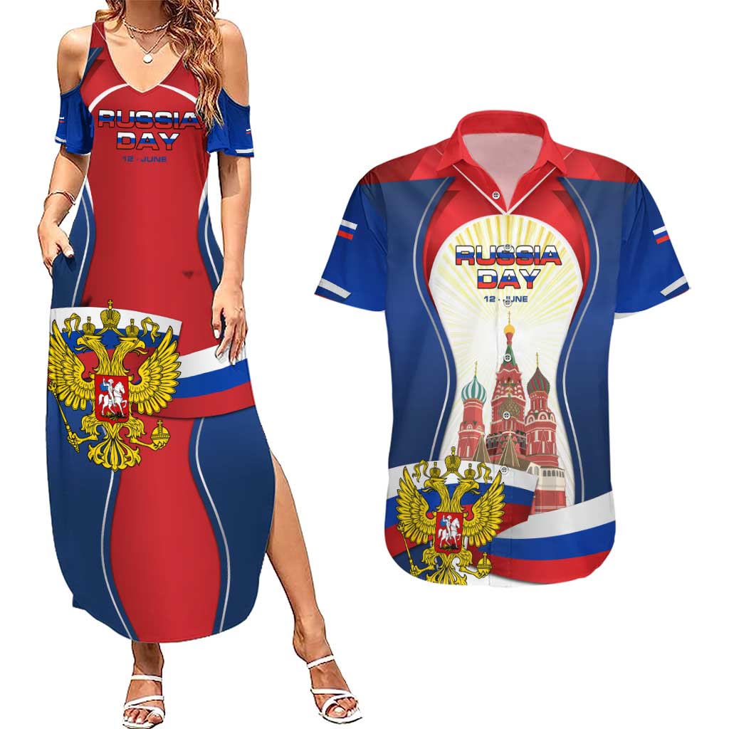 Russia Day Couples Matching Summer Maxi Dress and Hawaiian Shirt with Kremlin Illustration, National Emblem, and Flag Stripes