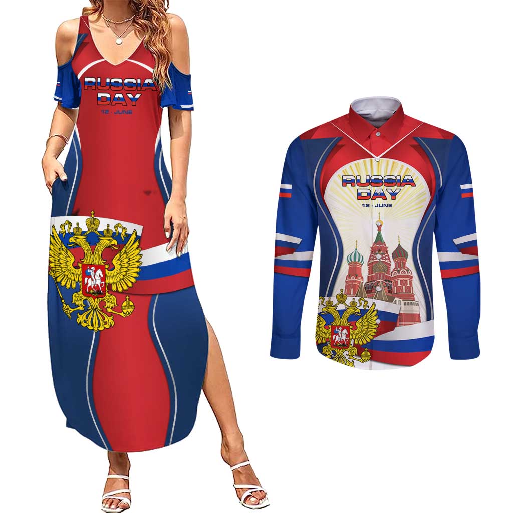 Russia Day Couples Matching Summer Maxi Dress and Long Sleeve Button Shirt with Kremlin Illustration, National Emblem, and Flag Stripes