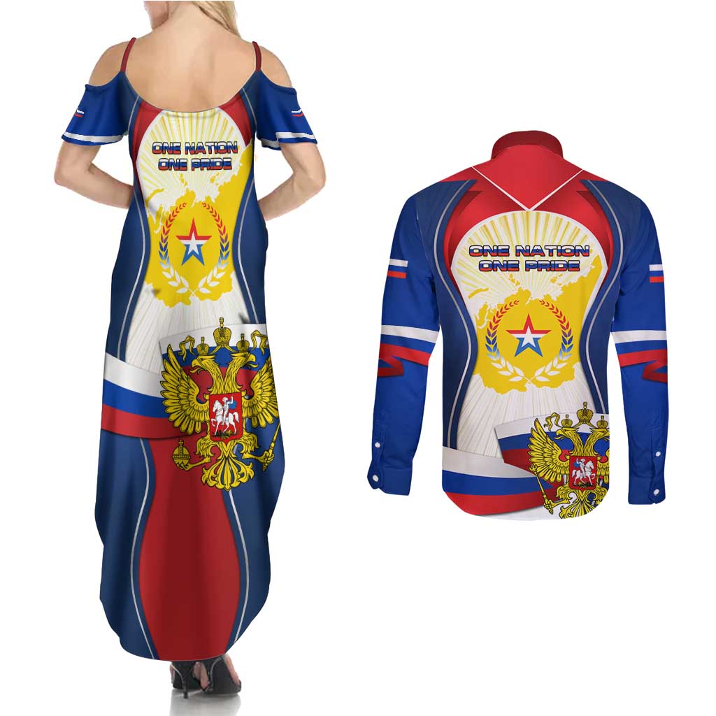 Russia Day Couples Matching Summer Maxi Dress and Long Sleeve Button Shirt with Kremlin Illustration, National Emblem, and Flag Stripes