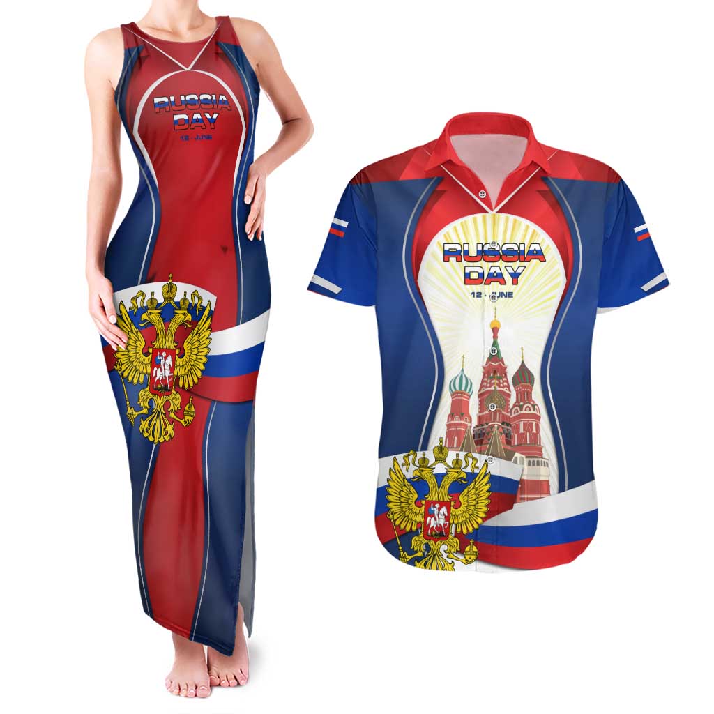 Russia Day Couples Matching Tank Maxi Dress and Hawaiian Shirt with Kremlin Illustration, National Emblem, and Flag Stripes