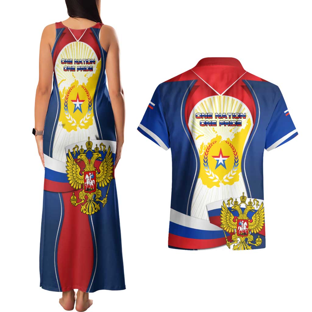 Russia Day Couples Matching Tank Maxi Dress and Hawaiian Shirt with Kremlin Illustration, National Emblem, and Flag Stripes