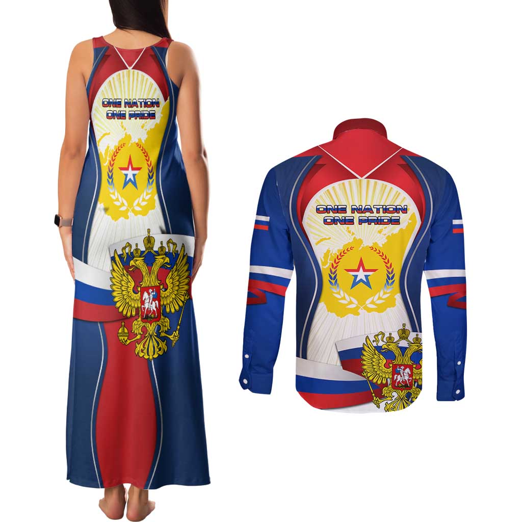 Russia Day Couples Matching Tank Maxi Dress and Long Sleeve Button Shirt with Kremlin Illustration, National Emblem, and Flag Stripes