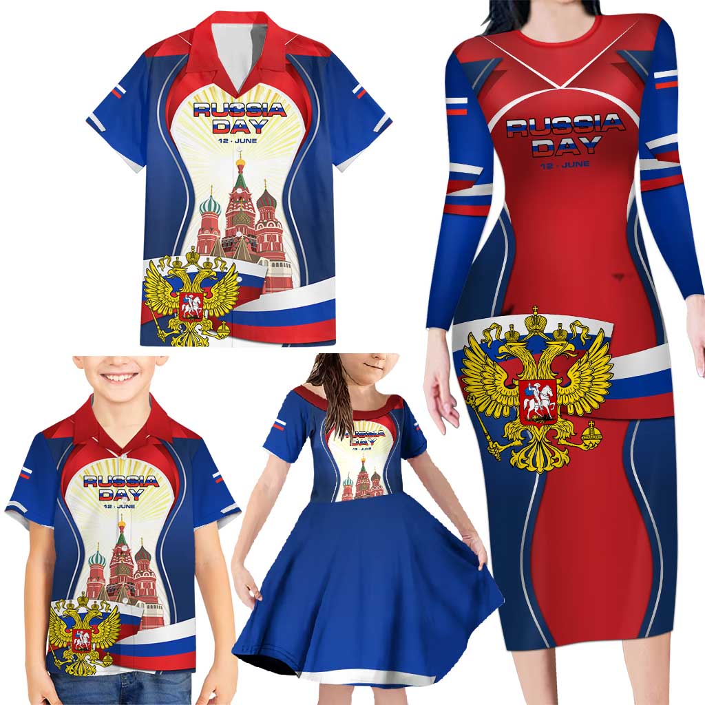 Russia Day Family Matching Long Sleeve Bodycon Dress and Hawaiian Shirt with Kremlin Illustration, National Emblem, and Flag Stripes