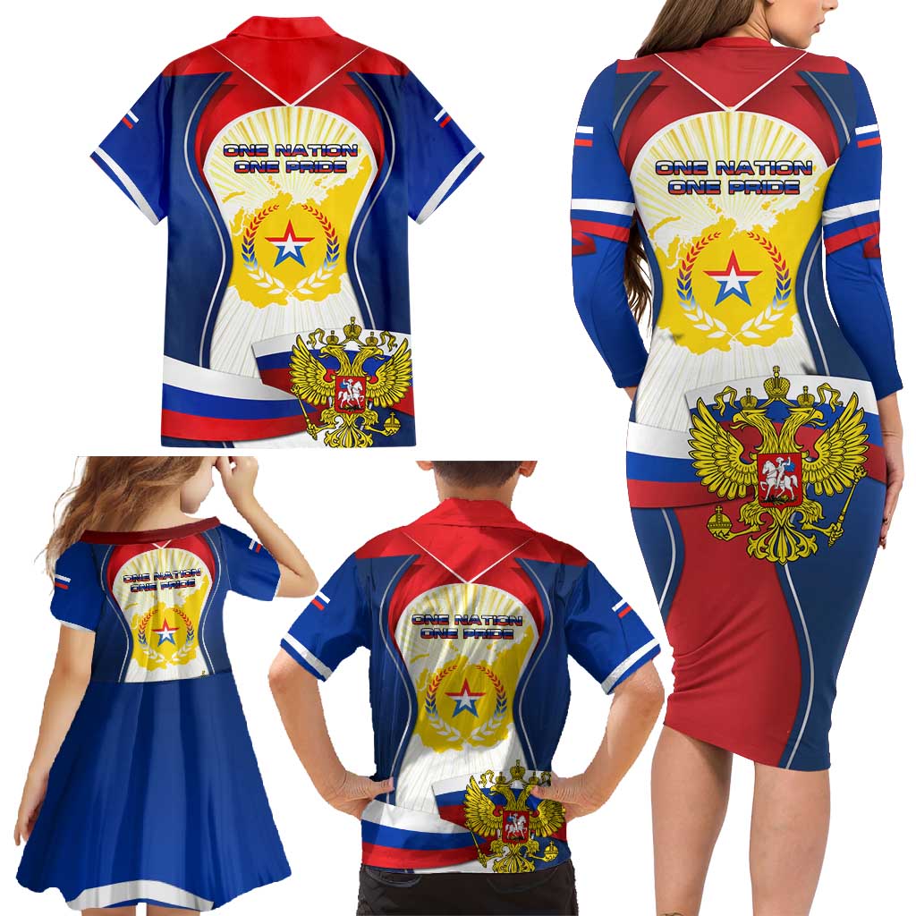 Russia Day Family Matching Long Sleeve Bodycon Dress and Hawaiian Shirt with Kremlin Illustration, National Emblem, and Flag Stripes