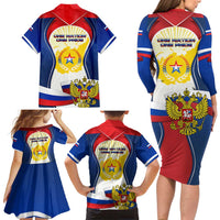 Russia Day Family Matching Long Sleeve Bodycon Dress and Hawaiian Shirt with Kremlin Illustration, National Emblem, and Flag Stripes