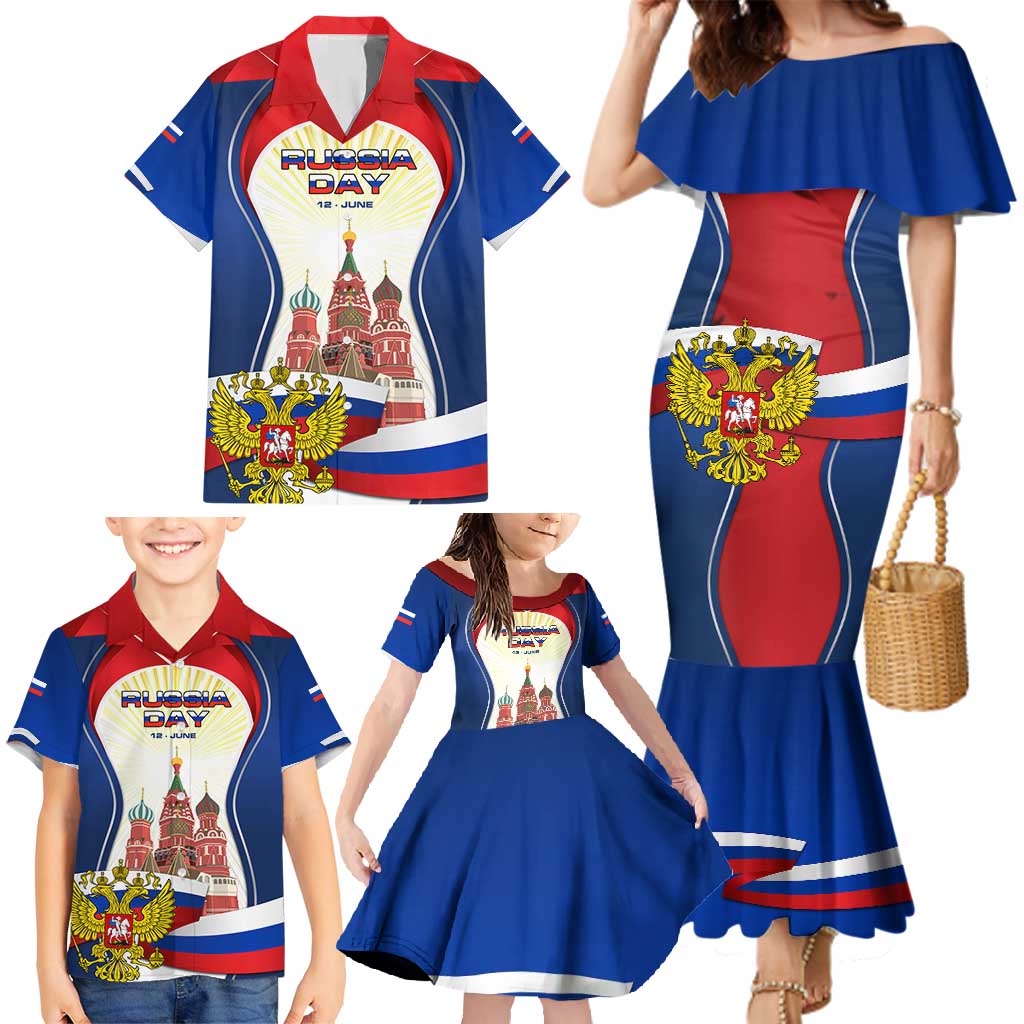 Russia Day Family Matching Mermaid Dress and Hawaiian Shirt with Kremlin Illustration, National Emblem, and Flag Stripes