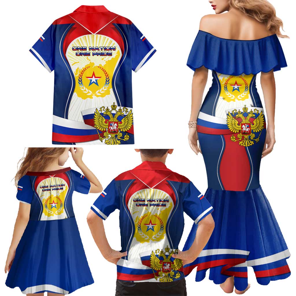 Russia Day Family Matching Mermaid Dress and Hawaiian Shirt with Kremlin Illustration, National Emblem, and Flag Stripes