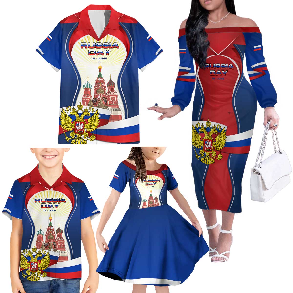 Russia Day Family Matching Off The Shoulder Long Sleeve Dress and Hawaiian Shirt with Kremlin Illustration, National Emblem, and Flag Stripes
