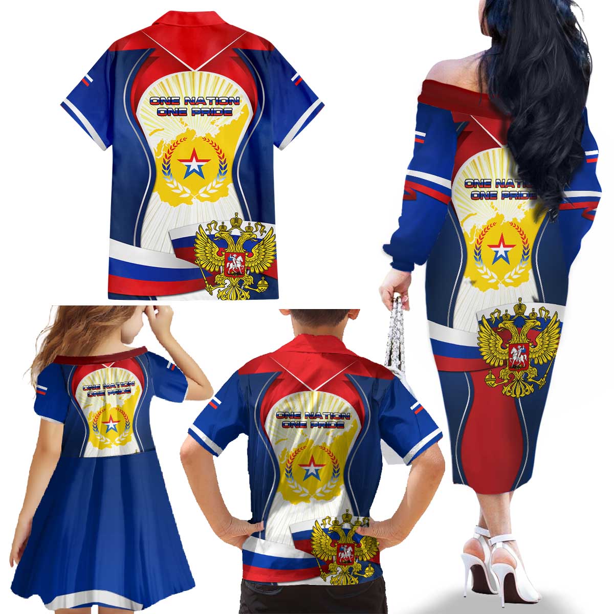 Russia Day Family Matching Off The Shoulder Long Sleeve Dress and Hawaiian Shirt with Kremlin Illustration, National Emblem, and Flag Stripes