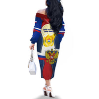 Russia Day Family Matching Off The Shoulder Long Sleeve Dress and Hawaiian Shirt with Kremlin Illustration, National Emblem, and Flag Stripes