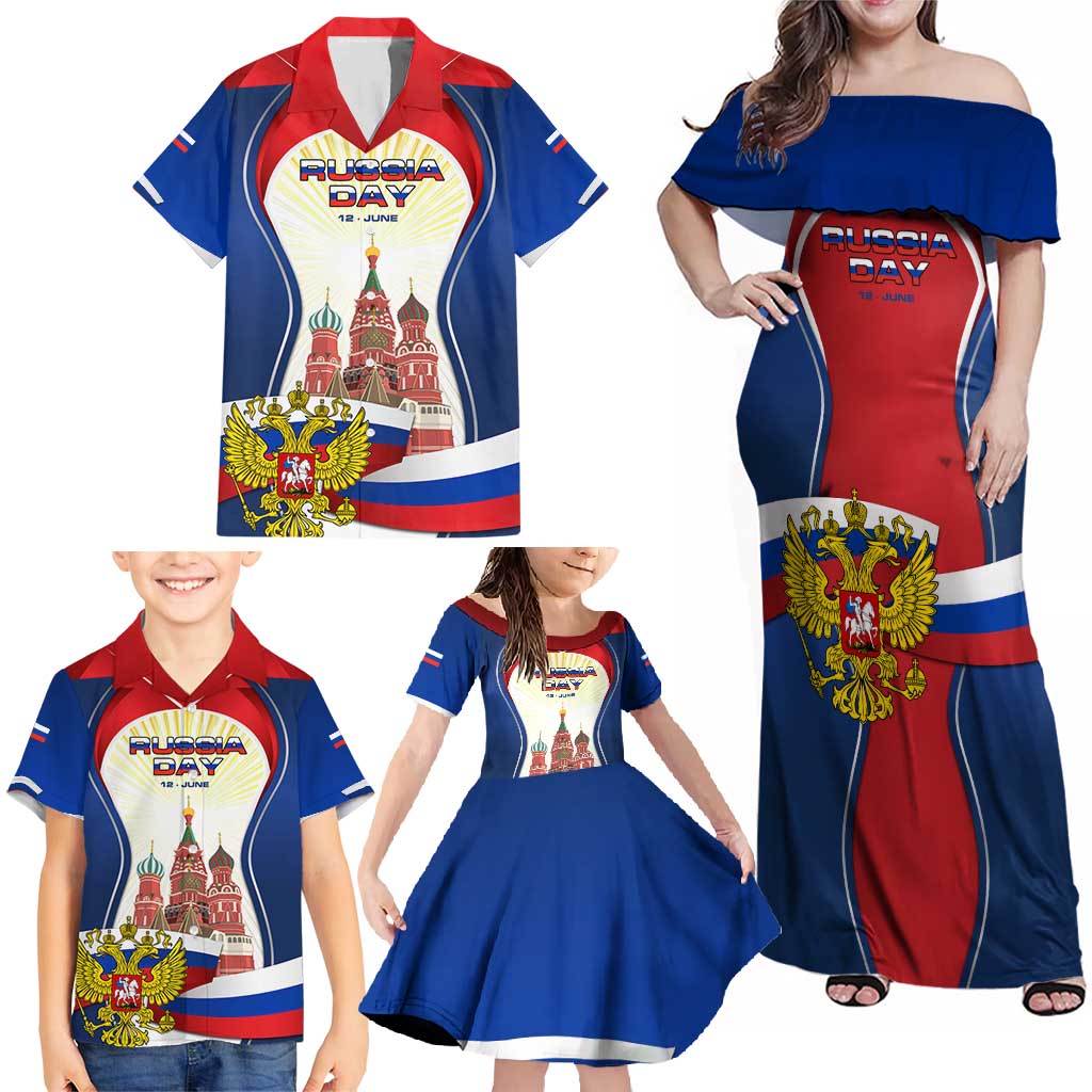 Russia Day Family Matching Off Shoulder Maxi Dress and Hawaiian Shirt with Kremlin Illustration, National Emblem, and Flag Stripes