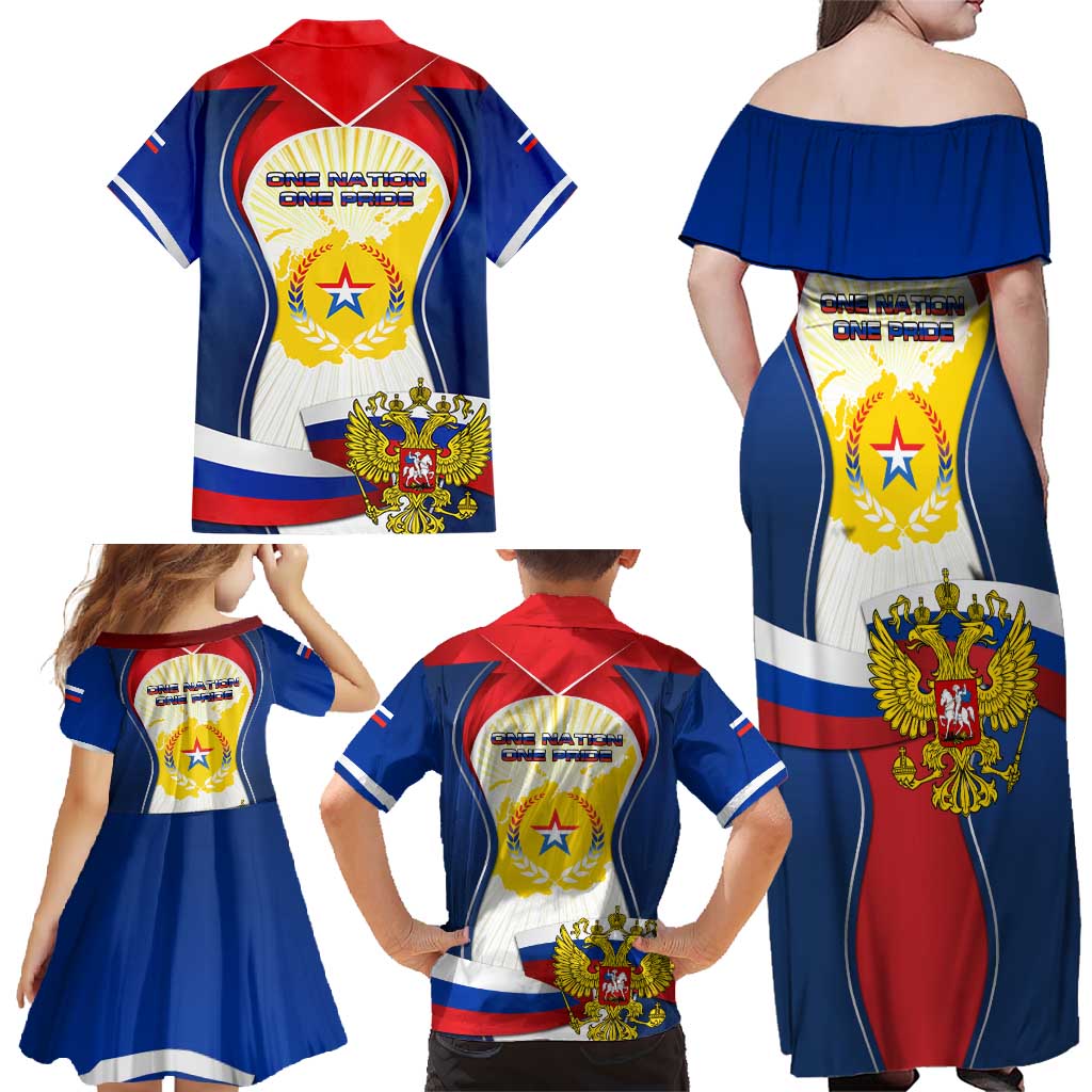 Russia Day Family Matching Off Shoulder Maxi Dress and Hawaiian Shirt with Kremlin Illustration, National Emblem, and Flag Stripes
