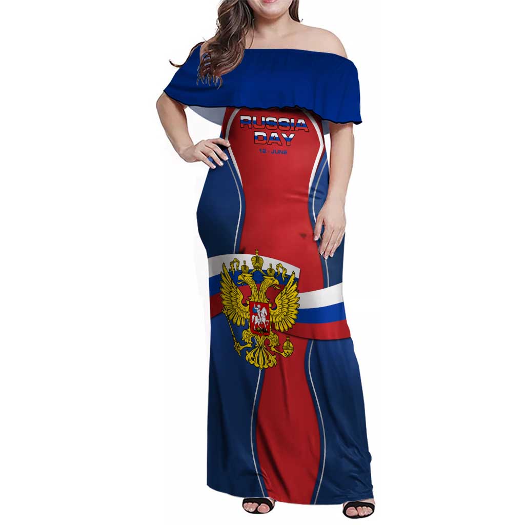 Russia Day Family Matching Off Shoulder Maxi Dress and Hawaiian Shirt with Kremlin Illustration, National Emblem, and Flag Stripes
