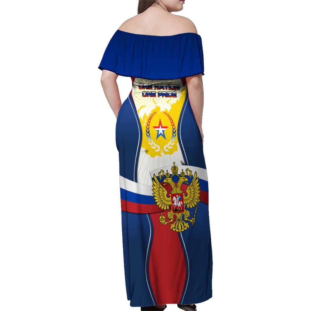 Russia Day Family Matching Off Shoulder Maxi Dress and Hawaiian Shirt with Kremlin Illustration, National Emblem, and Flag Stripes