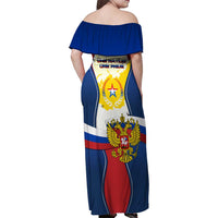 Russia Day Family Matching Off Shoulder Maxi Dress and Hawaiian Shirt with Kremlin Illustration, National Emblem, and Flag Stripes